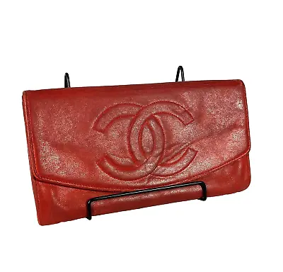 CHANEL Long Wallet Purse Red Leather CC Logo RANK  C  Authentic From Japan • £91.62