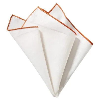 Mens White 100 Linen Pocket Square Burnt Orange Border Hanky Handkerchief 13x13  • $12.49
