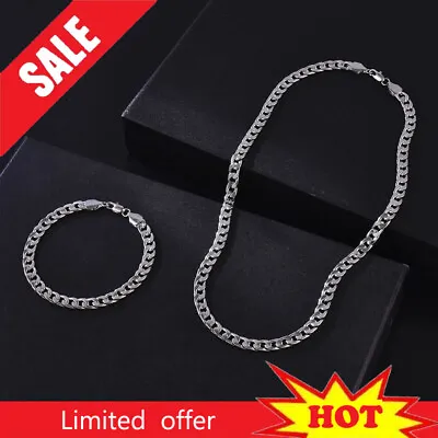 925 Sterling Solid Silver 7MM Men Cuban Curb Chain Necklace +Silver Bracelet Set • £5.99