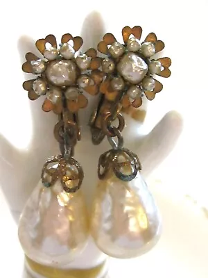 VINTAGE EARLY MIRIAM HASKELL BAROQUE PEARL CLUSTER W DROP COMBO BACK EARRINGS • $129