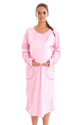 Maternity Plain Long Nightdress V-Neck Button Long Sleeve Pockets Lounge Wear • £14.95
