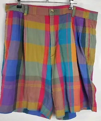 Nautica Shorts Vintage 90s Mens 36 Madras Plaid Patchwork Green Blue Purple  • $22.50