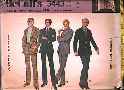 3443 Vintage McCalls SEWING Pattern Mens 1970s Blazer Suit Wardrobe Pants OOP 44 • $5.59