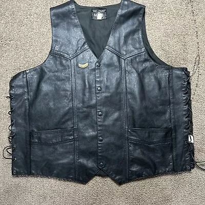 Vintage MOB Mens Genuine Leather Motorcycle Vest Biker Black 4XL HOG Pin Patches • $25.46