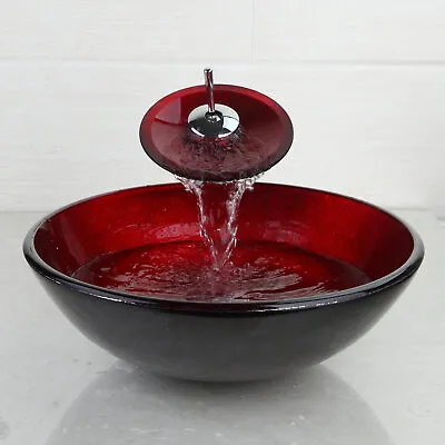 £69.98 • Buy UK Bathroom Red Round Tempered Glass Basin Set Vessel Vanity Sink Bowl + Faucet