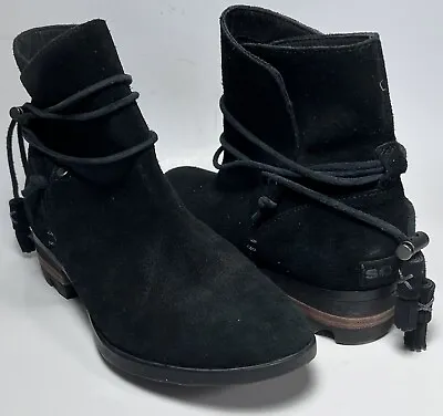 SOREL Farah Short Ankle Booties Black Suede Leather Tie Tassel Boots Size 7.5 • $65