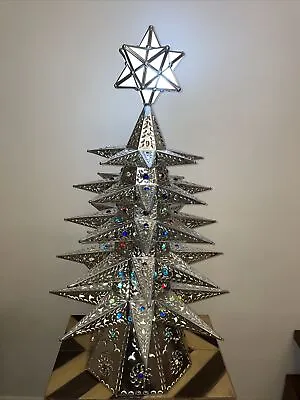 Punched TIN CHRISTMAS TREE Glass Star. Hand Made Table Top Lighted Tree 36 Inch • $399.99