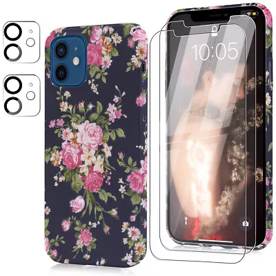 IPhone 12/12Pro Slim Floral Hard Case And 2xFront Glass Films+2xLens Glass Films • $28.49