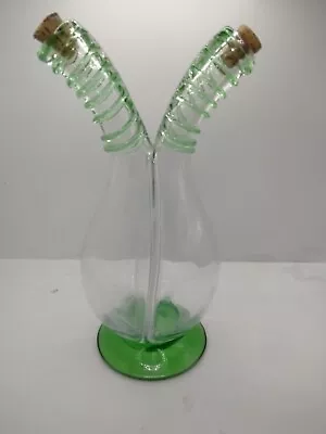 Double Oil/Vinegar Cruet Decanter Green Art Glass Bottle Vase Twist Neck VTG • $24