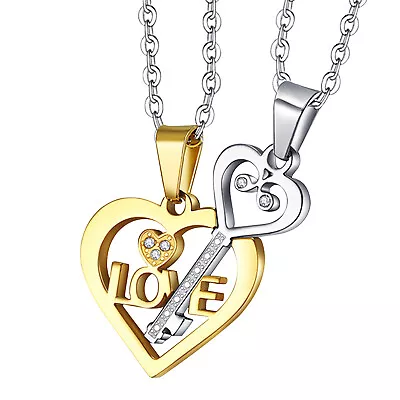 2pcs LOVE Matching Key To Heart Couple Necklace His&Hers Stainless Steel Pendant • $12.99