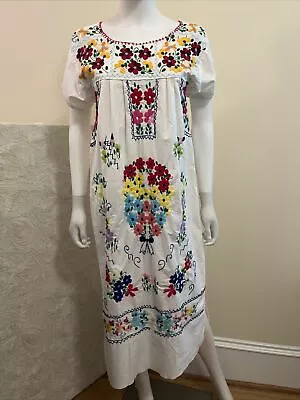 Vintage 70s Handmade Oaxacan Embroidered Cotton Mexican House Lounge Dress S • $46