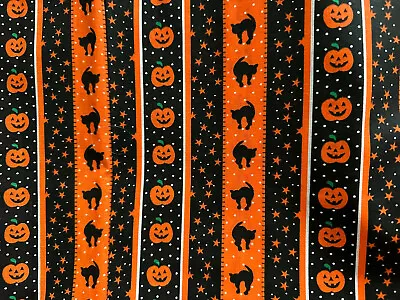 $15 • Buy Vintage Halloween Fabric Sewing Crafting Black Cat Stars & Pumpkins 2+ Yds 43” W