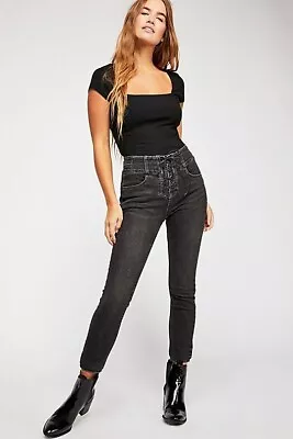 Free People CRVY High Rise Lace Up Skinny Jeans Black Size 29 - NEW • £19.95