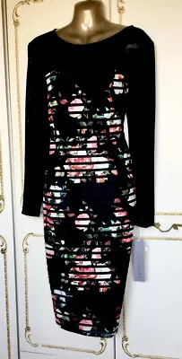 MICHAELA LOUISA UK 10 Black Multi Floral Print Long Sleeve Dress NWT RRP £135 • £59