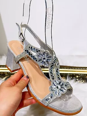 New Womens Ladies Diamante Mid Heel Strap Open Toe Party Wedding Sandal Shoes • £14.24