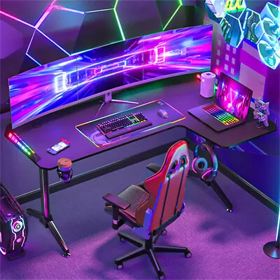 Right Corner Gaming Desk W/ LED Lights Large RGB Computer PC Table Carbon Fibre • $129.90