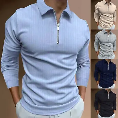 Mens Polo Shirts Zipper Long Sleeve T-Shirts Tipping Collar Casual Tops Blouse • £4.99