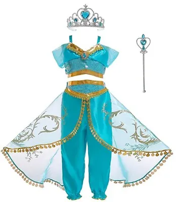 Girls Princess Jasmine Costume Halloween Party Dress Up For Girl With Crown Wand • $20.98