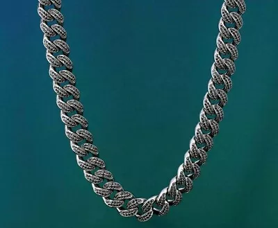 Men's 12 Mm X 20  Cuban Link Necklace 10 Ct Black Cubic Zirconia 925 Silver • $764.99