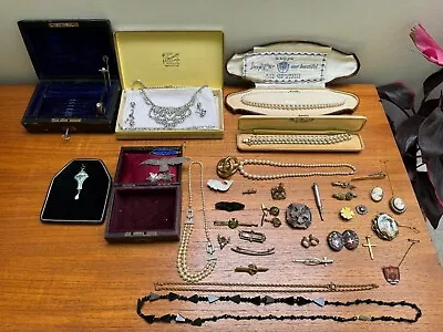 Job Lot/Antique Costume Jewellery - Silver Enamel 9ct Gold Jet Necklaces Etc • £41