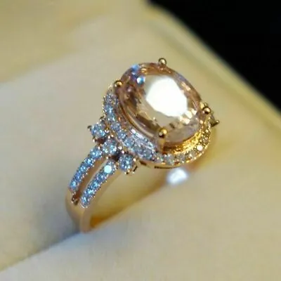 Oval Lab Created Morganite Diamond Engagement Women Ring 14K Yellow Gold Plated • $68.99