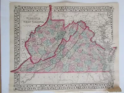 Antique Augustus Mitchell 1877 Map Of Virginia & West Virginia NJ DE MD • $18.99