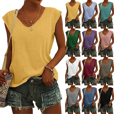 $13.85 • Buy Women's V-Neck T-Shirt Casual Cap Sleeve Vest Solid Loose Blouse Fit Tank Tops