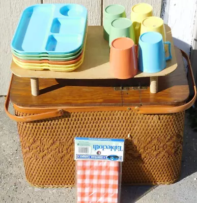 Vintage WOOD PICNIC BASKET Double Handles & Riser Wicker REDMON WITH DISHES CUPS • $47.95
