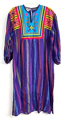 Vtg Victor Camarena Caftan Mumu Embroidered Dress One Size Mexican FolkArt • $107.09