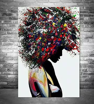 Black Woman Street Art Printed Wrapped Wood Framed Canvas - Poster Print Picture • £14.99