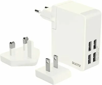 LEITZ Travel Wall Charger 4 USB Port 2.4A Output 4.8A UK EU US Plug Phone Ipad • £19.99