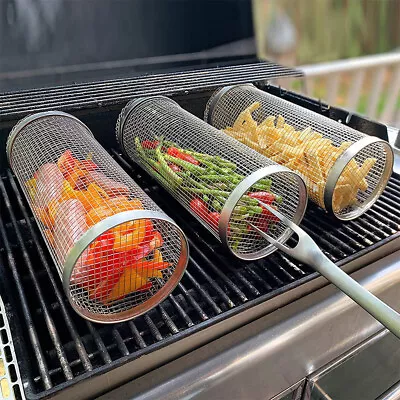 Rolling Grilling Basket BBQ Net Tube Round Stainless Steel Grill Mesh Cylinder • $12.96