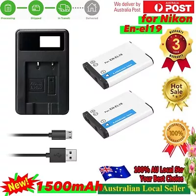 2x Battery +Usb Led Charger For Nikon EN-EL19 ENEL19 Coolpix A100 A300 S100 W100 • $38.90