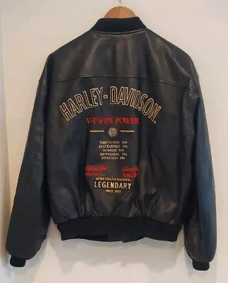 Vintage Harley Davidson Leather Bomber Jacket  V-Twin Power Mens Biker Size Lg • $174.97