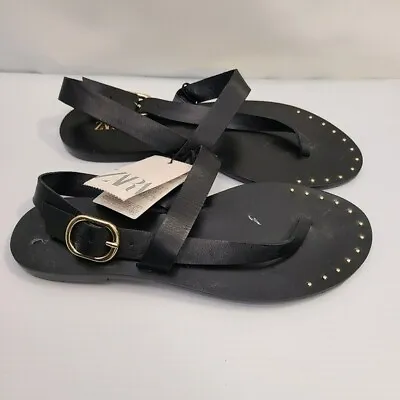 $55 • Buy Zara Flat Leather Slider Sandals With Micro-studs Black Size 8 | 2620/110