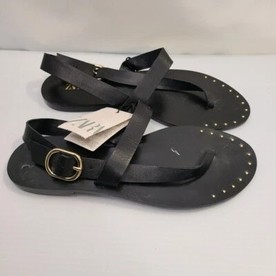 Zara Flat Leather Slider Sandals With Micro-studs Black Size 8 | 2620/110 • $55