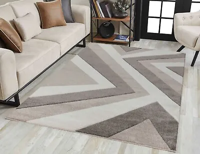 Valencia Zig Zag Small - Large Living Room Area Hand Carved Rugs - Beige/Brown • £29.99