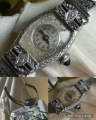 $499.99 • Buy 1929 Ladies Art Deco 14K Sapphire & Diamond Bulova Watch ~Filigree Band