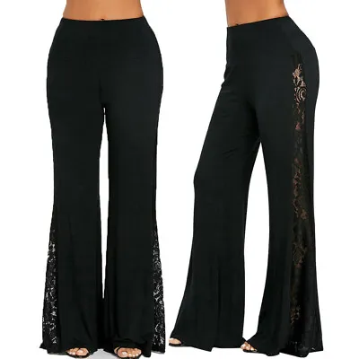 Womens Lace Leggings Trousers Long Wide Leg High Waist Panel Flare Pants • £26.39