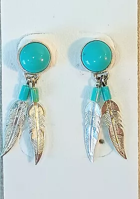 Vintage Sterling Silver & Turquoise Feather Earrings 925 Native American Boho  • $12