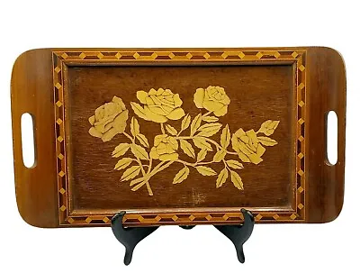 Vintage Art Deco Wood Marquetry Inlay Tray With Handles Roses Art Deco Trim • $19.99