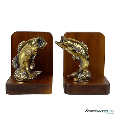 Vintage Traditional Walnut Trophy Bass Fishing Library Bookends - A Pair • $125