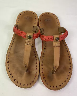 UGG Tan Red Leather Braided Boho Thong Flip Flop Sandals Women's Size 5 • $21