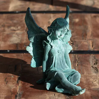 Aqua Blue Sitting Fairy With Wings Cast Iron Garden Ornament Sculpture Decor Art • £54
