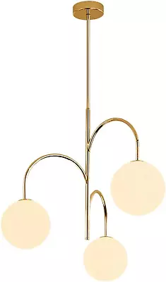 Mid Century Modern 3-Light Milk Glass Globe Chandelier Brass Gold Pendant Light  • $179.99