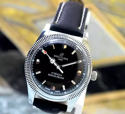 Vintage Breitling Black Dial 17 Jewels Hand Wind Mechanical Wrist Watch • $89.99