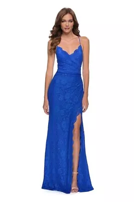 La Femme Royal Blue Beaded Rhinestone Lace Strappy Back Dress Size 00 $398 • $139.98