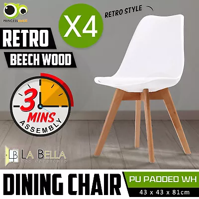 $229 • Buy 4X Retro Replica PU Padded DSW Beech Dining Chairs Cafe Kitchen