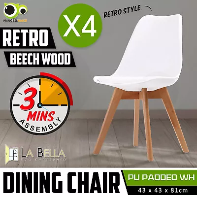 4X Retro Replica PU Padded DSW Beech Dining Chairs Cafe Kitchen • $229