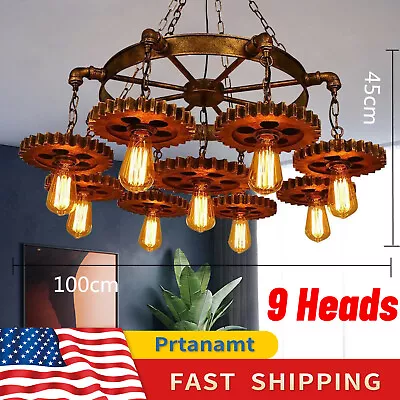 Rustic Ceiling Light Pendant Lamp Fixture Steampunk Gear Chain Chandelier 9-Head • $83